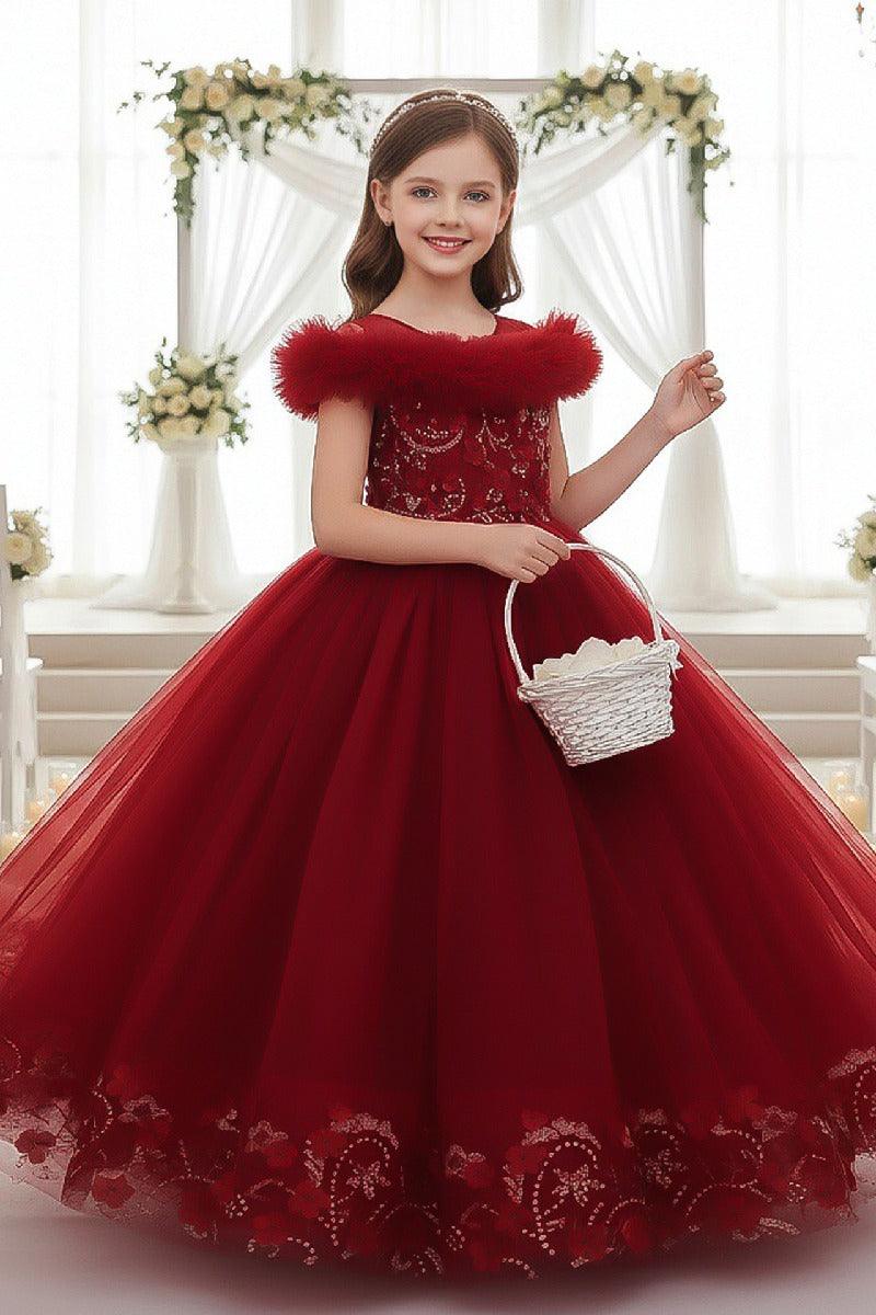 A-Line Off The Shoulder Sleeves Floor Length Tulle Flower Girl Dresses 1050836973299 - 7 Days / Burgundy / 110cm - COCOMELODY